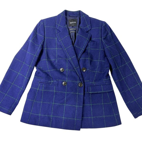 Madewell Women Size 8 Rosedale Blazer Fresh Blueberry Plaid Navy Blue Green - Picture 2 of 13